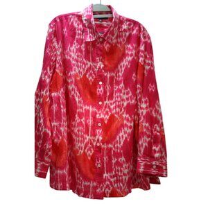 Jones New York Signature Woman 2X Pink Red Cotton Gauzy Ikat Top Roll‑Tab Sleeve